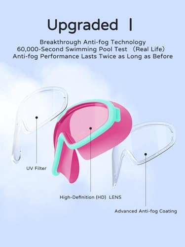 Kids Swimming Goggles - Light Pink, Anti-Fog, No Leak, Wide View
