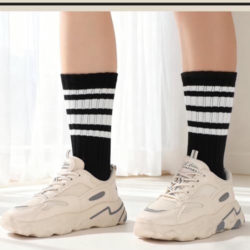 Striped Crew Socks - Retro Cotton Athletic Socks, Black & White - 3 Pairs
