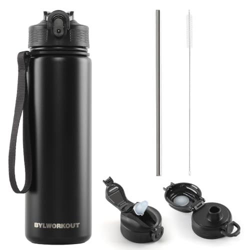 BYLWORKOUT 24oz Insulated Stainless Steel Water Bottle with Straw & Chug Lid
