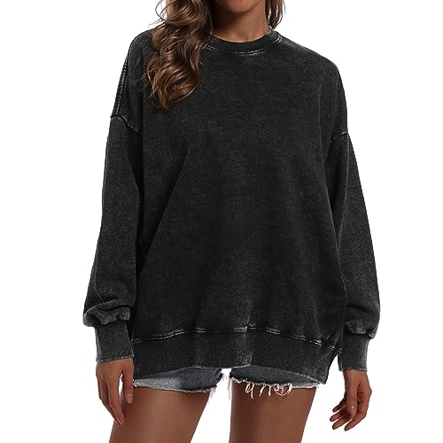 X-Large BINTEHGS Oversized Black Sweatshirt for Women with Pocket & Crew Neck