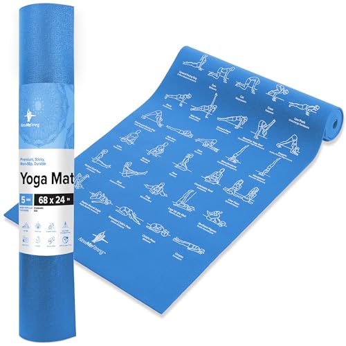 NewMe Fitness Blue Thick Yoga Mat with Built-In Pose Guide - 5mm Non-Slip Pilates