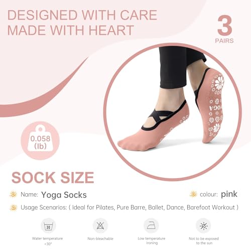 Non-Slip Pilates Yoga Socks for Women - 3 Pairs Purple, Pink & Green