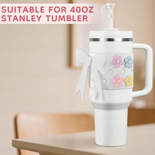 Silicone Tumbler Accessory Set for 40oz Cup - Bow & Sakura Decoration (White)