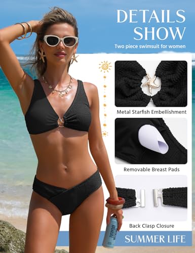Womens Cheeky Color Block Bikini Set with Metal Starfish - Medium/Black