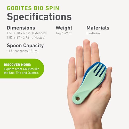 Humangear GoBites Bio Spin Folding Spork - Compact Eco-Friendly Travel & Camping Utensil with Carabiner, Dark Blue/Mint Green