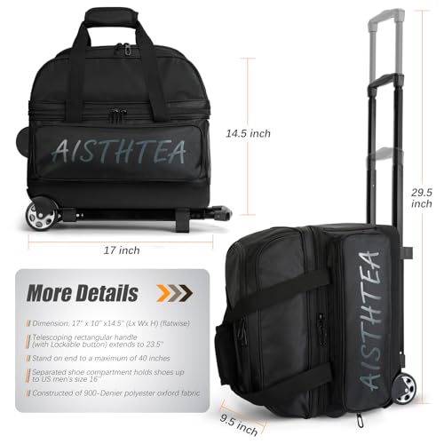 Aisthtea Black 2 Ball Bowling Bag with Wheels, Lightweight Roller
