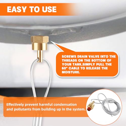 2PCS Air Tank Drain Valve Plug Fitting 1/4" NPT with 60" Cable Valve, Air Brake Reservoir Air Compressor Drain Valve For Semi Trucks