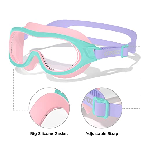 COPOZZ Kids Swim Goggles A4 Green Pink Wide View No Leak Anti-Fog UV Youth Swim Goggles