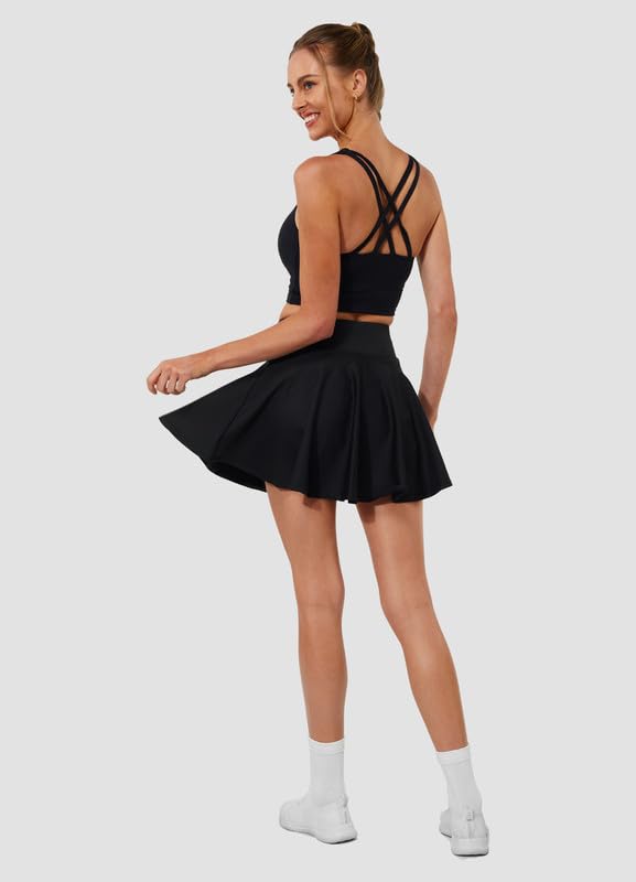 Hiwzffy Pleated High-Wwaisted Tennis Skirt with Shorts — Black, Small