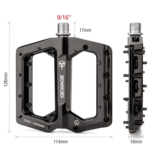 GEWAGE Black 9/16" CNC Aluminum Flat Bike Pedals with Anti-Slip Pins & Sealed Bearings