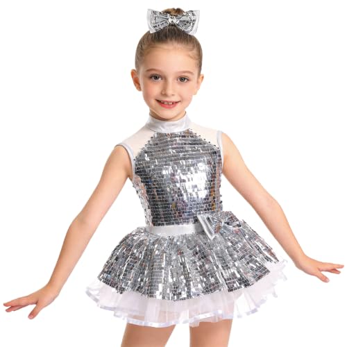 Girls Sequin Sparkly Ballet Tutu Dress - Kpop Costume for 4-6 Years, Silvery