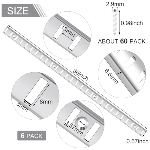 6 Pcs 36 Inch Shelf Pilaster and 36 Pcs Cabinet Shelf Clips Adjustable Shelf Rail Metal Mortise Mount Pilaster Strip Standard for Wall Bookcases Shelving System Closet Organization Storage (Silver)