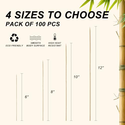 Natural Bamboo Skewers - 12 Inch, 100PCS for Grilling & BBQ