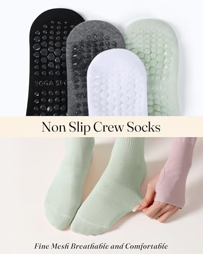 Non-Slip Pilates Socks for Women - 4 Pack in Black, Gray, White, Green