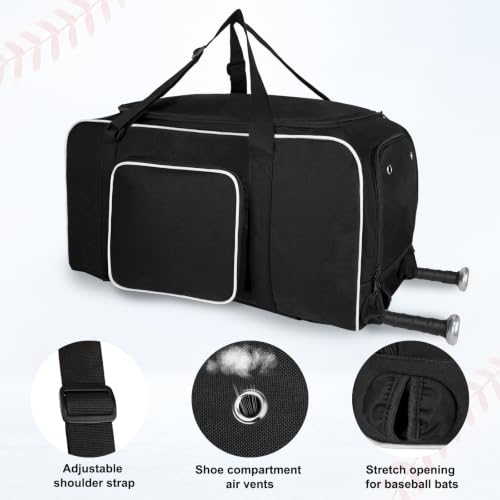 LARIPOP 70L Black Baseball Duffle Bag & Backpack with Shoe Compartment