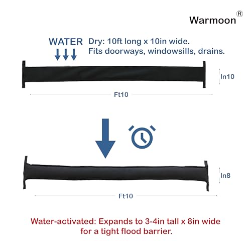 Warmoon 10ft Self-Absorbing Flood Barriers - Ideal for Home Doorways, Garage Floors & Commercial Entrances, Quick Water Activation (10ft (Pack of 1))