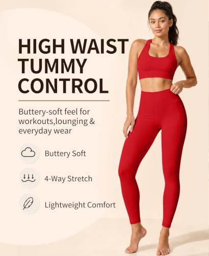 High Waisted Buttery Soft Leggings for Women - Two Pocket, XX-Large, Red
