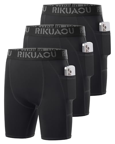 RIKUAOU Boys' Compression Shorts with Pockets - Large Black (6 Inch, Youth Athletic Base Layer)