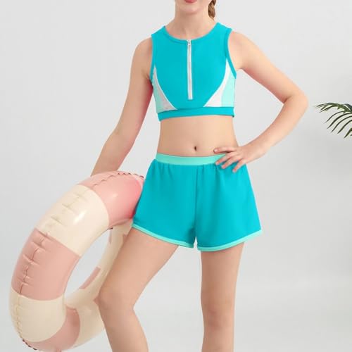 Girls 2-Piece Color Block Zipper Front Swimsuit - Blue 11-12 Years