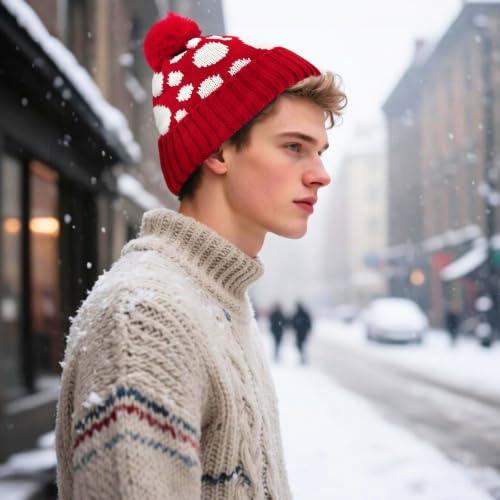 Women's Fleece Lined Winter Beanie Hat with Earflaps and Pom - Red Dots