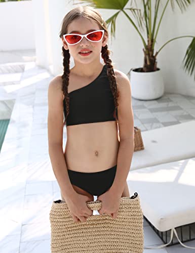 Girls One Shoulder Bikini Swimsuit - Solid Black, Size 8-10