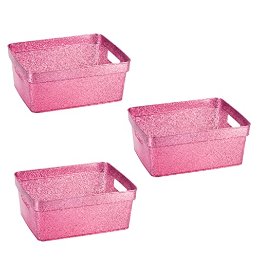 Small Glitter Tote Bins - 3 Pack Storage Baskets - Pink