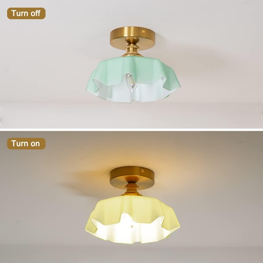 Vintage Pink Flush Mount Ceiling Light - Brass Semi-Flush Fixture with Flower Glass Shade for Small Rooms & Hallways