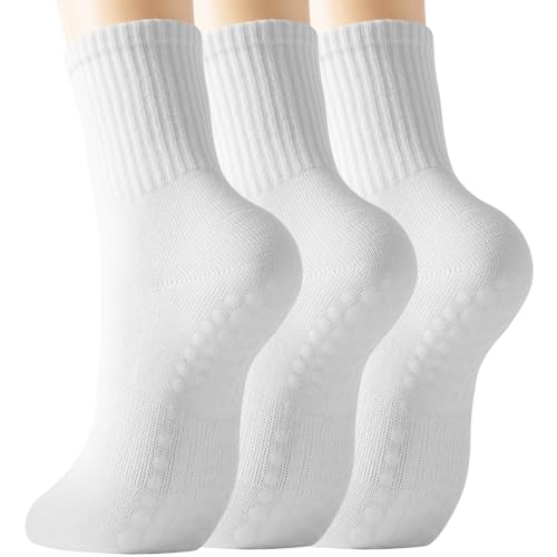 Grippy Pilates Socks for Women - 3 Pairs White Non-Slip Yoga Socks