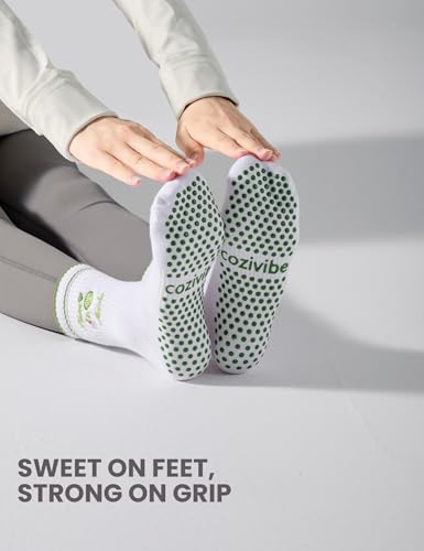 Grip Socks for Women - Cute Embroidery Pattern - Matcha / Medium