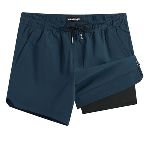 Maamgic Men's Swim Trunks with Compression Liner 5-inch Nylon Quick Dry - Medium Navy & Black