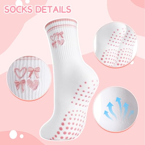 Pilates Socks with Grips for Women - 5 Pack, Cute Ruffled - Pink, Red, Yellow, Blue, Brown