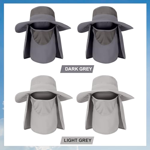 4 Pack Sun Hats for Men Women UPF 50 Wide Brim Bucket Hat with Removable Neck Curtain - Light Gray & Gray