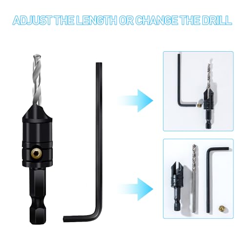 Countersink Drill Bit Set 5 pc,3in1 Woodworking Counterbore Hole Drill Bits,Tapered Countersink Bit,Depth Adjustable M2 Pilot Drill Bits, 82-Degree Chamfer, 1/4¡±Hex Shank