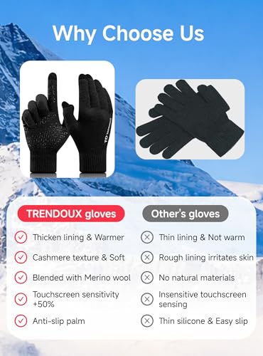 Merino Wool Winter Gloves - Black Grey, Large - Touchscreen, Non-Slip