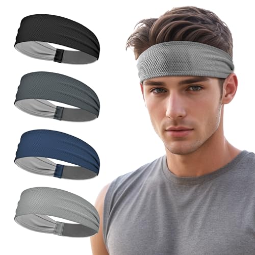 Sukeen Men's Moisture Wicking Sports Headbands - Non-Slip Breathable Elastic Sweatbands for Running, Yoga, Tennis, Fitness (Black/Dark Gray/Dark Blue/Gray)