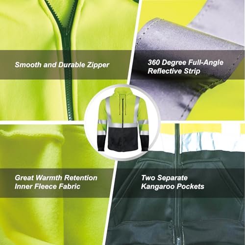 High Visibility Hoodie for Men, Class 3 Reflective Zippered Hoodie Sweatshirt, Construction Work Safety Jacket