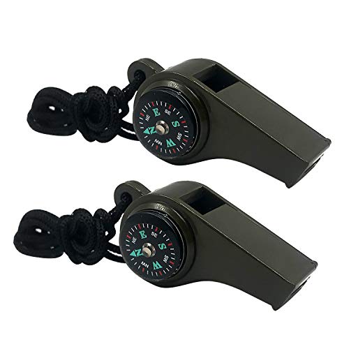 3-in-1 Emergency Survival Whistle with Compass and Thermometer - Green (2 Pack)