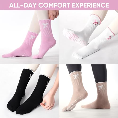 Pilates Grip Socks for Women - 4 Pairs with Bow & Hearts - Black, Off-White, Brown, Coffee