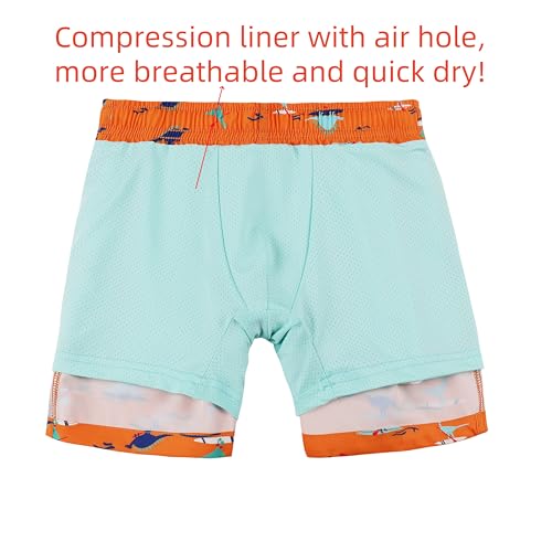 Toddler Boys Swim Trunks with Quick Dry Compression Liner - Boating Dinosaur 14-16