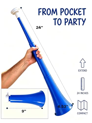 Loud Extendable Vuvuzela Horn - 24 Inch Blue Noise Maker - 4 Pack