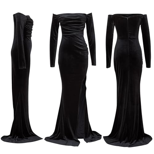 Vakkest Women’s Off Shoulder Velvet Maxi Dress with High Split - Black, XL