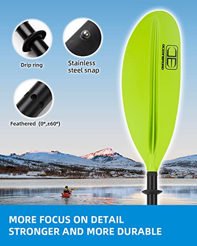 OCEANBROAD Green Kayak Paddle 90.5 Inch - Lightweight Alloy Shaft with Leash, 2-Section, 3 Lock Angles