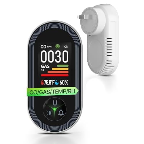 4IN1 Gas & Carbon Monoxide Detector Combination Plug in, CO Gas Monitor with Real-Time Temperature & Humidity Display, Alarm for Natural Gas, Propane