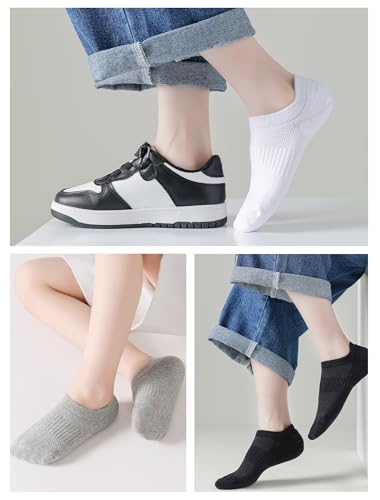 Kids No Show Athletic Socks - Cotton Ankle Socks, 4 Pairs, 5-8 Years, Black/White/Grey