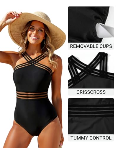 Tempt Me Women's Crisscross One-Piece Swimsuit - Medium Black