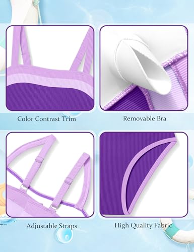 Girls Color Block One Piece Swimsuit - Adjustable Straps, Purple, 11-12 Years