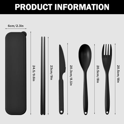 Large Reusable Travel Utensils Set with Case, Plastic Camping Cutlery - Black