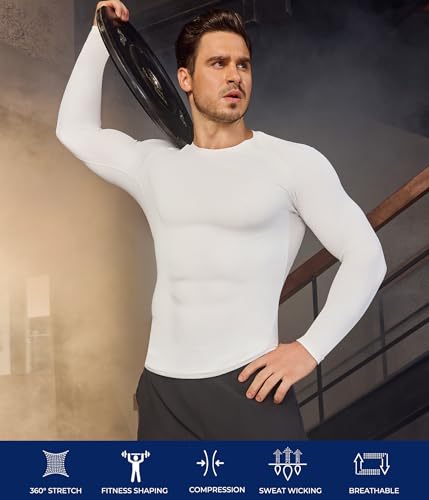 Compression Long Sleeve Shirt for Men - Athletic Base Layer - Large White