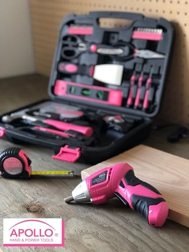 Pink Apollo Tools 135-Piece Household Tool Set with Rechargeable Cordless Screwdriver