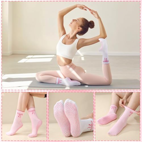 Non-Slip Pilates Grip Yoga Socks for Women - 6 Pairs, Pink & White with Bow